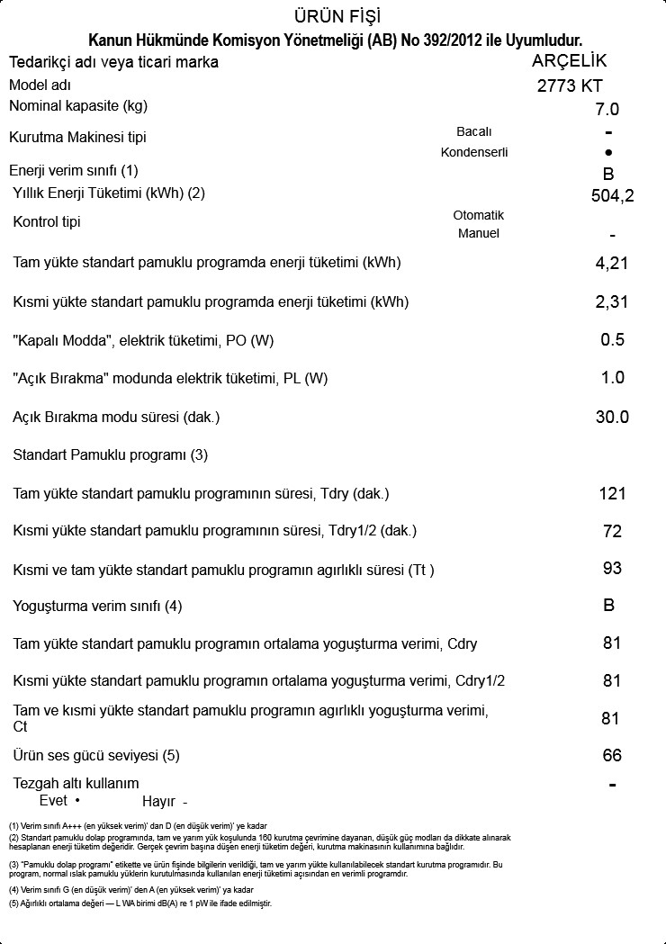 2773 kt kurutma makinesi beyaz esya arcelik